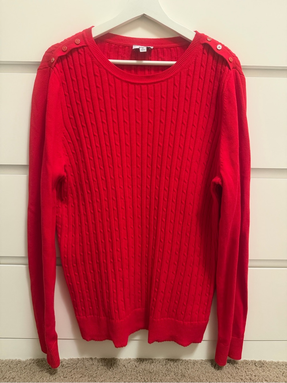 Kim Rogers Red Cable-Knit Crewneck Sweater with Shoulder Buttons